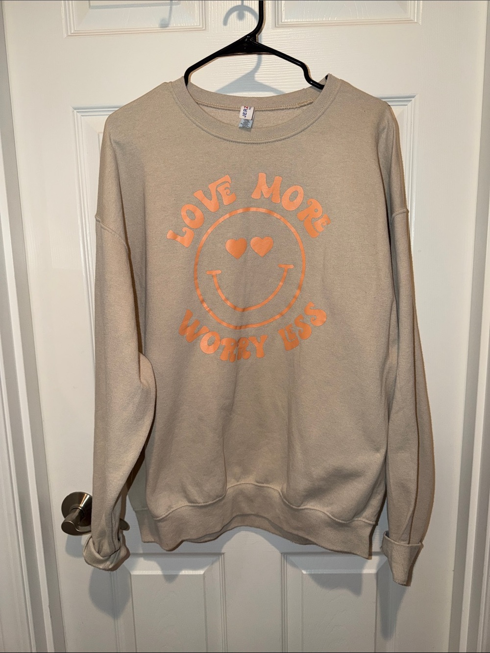Jerzees Beige Sweatshirt with Peach 'Love More Worry Less' Graphic